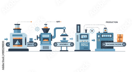 Industrial vector illustration of a mining engineering process with various machinery and equipment for production work, showcasing a team workflow in an industrial setting.
