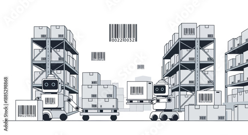 An industrial illustration of a mining operation with engineers and workers around industrial equipment and stacked shipping containers in an industrial setting.