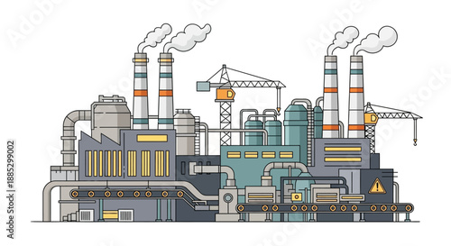 An industrial factory with smokestacks and a crane on a white background, showcasing industrial engineering and mining concepts in a vector illustration style.