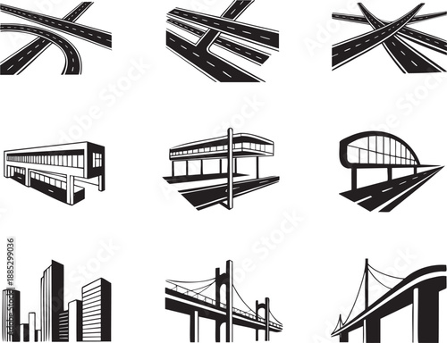 Black and white of modern infrastructure including highways overpasses and futuristic buildings 1