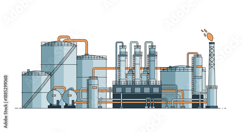 An industrial facility with various machinery and piping, depicted in a vector illustration style with a predominantly gray and orange color scheme, against a clean white background.