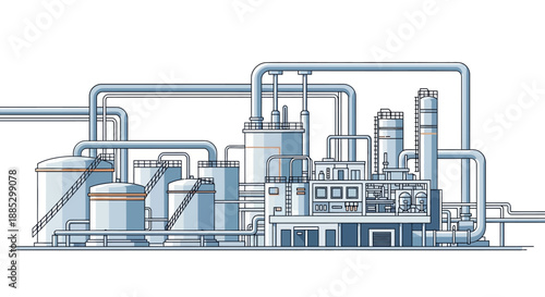 An industrial facility with various machinery and piping systems depicted in a detailed vector illustration with a predominantly blue color scheme on a white background.