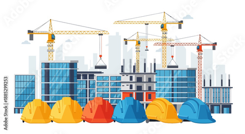 Illustration of a construction site with multiple cranes and buildings in various stages of development, featuring a row of colorful hard hats in the foreground, conveying an industrial and