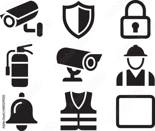Black and white of security and safety equipment including fire extinguisher, security camera, and alarm bell 1