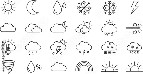 Weather forecast icon set with sun, rain, snow, clouds, storm and climate symbols in clean outline vector style