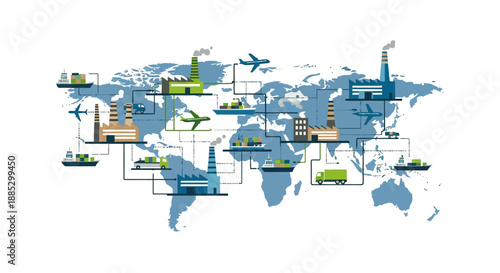 A detailed illustration of a world map with industrial icons and symbols depicting various sectors of industry and engineering around the globe on a white background with blue continents.