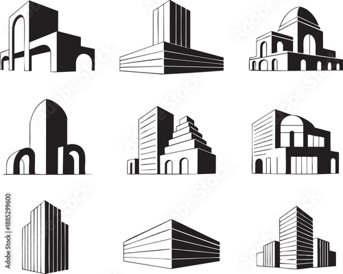 Black and white of various architectural buildings with arches and domes architecture