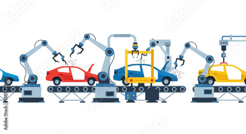 Industrial robotic assembly line with multiple machines manufacturing cars in various colors against a clean white background.