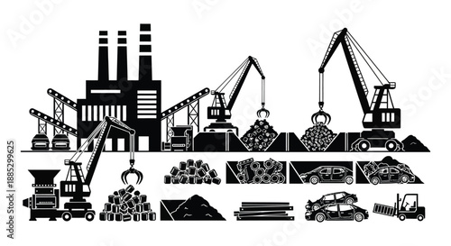 an industrial landscape depicting factory buildings construction cranes piles of materials and vehicles in a bold graphic silhouette high quality professional