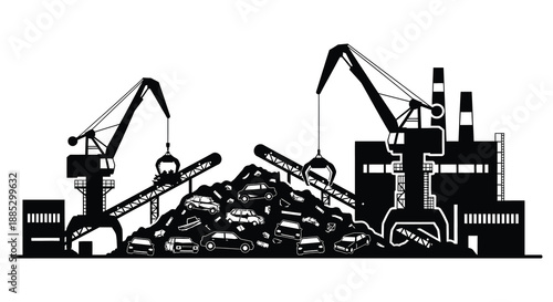 an industrial landscape depicting a scrapyard filled with crushed vehicles and towering cranes in a striking silhouette high quality professional detailed