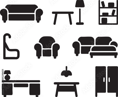 Black and white of various furniture including sofas, tables, lamps, and bookshelves