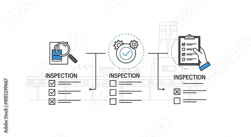 A detailed vector illustration of industrial inspection process with checklists and icons on a white background, conveying a sense of engineering and teamwork in a business setting.