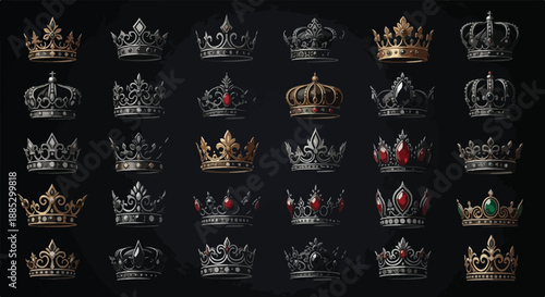 Set of 30 Ornate Vintage Gold and Silver Crowns with Jewels on Dark Background