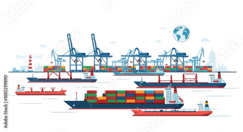 Illustration of cargo ships and cranes at an industrial port with a globe in the background, conveying a sense of global industry and commerce.