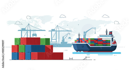 An industrial cargo ship loaded with colorful shipping containers sails past a port with stacked containers and cranes in the background, under a light blue sky with clouds.