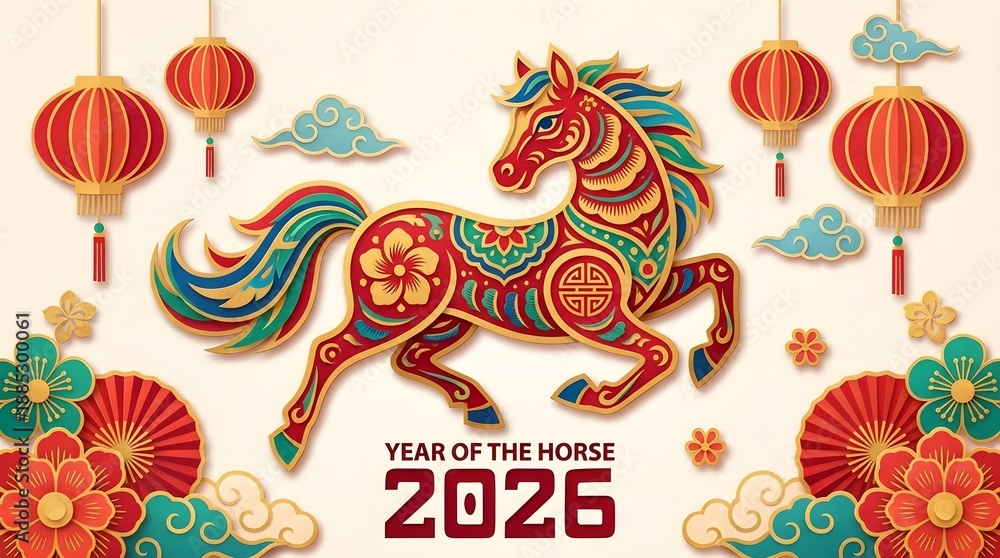 Obraz premium Celebration of the year of the horse with colorful decorations in anticipation of 2026 and traditional lanterns Generative AI