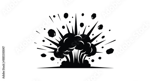 A dramatic depiction of an explosion with scattered debris and a dark impactful center presented as a striking silhouette high quality