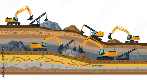 Illustration of multiple excavators working in a mining site with layers of earth and rock exposed in an industrial setting.