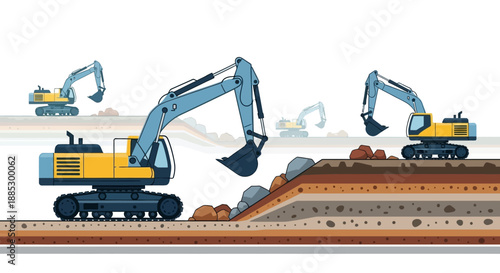 Illustration of excavators at work on a construction site with industrial mining equipment and engineering vehicles in the background.
