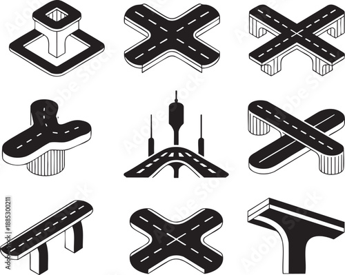 Isometric of various road intersections and traffic structures in black and white roads