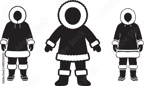 Inuit traditional warm clothing stands against a simple background
