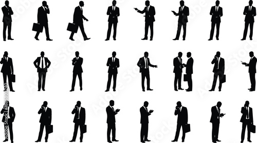 Silhouettes of 24 businesspeople in suits performing professional gestures, walking, talking, reading, and interacting in corporate settings