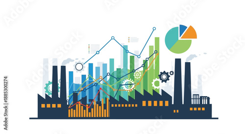 An industrial illustration depicting a factory with various graphs and charts in a vector style, conveying an industrial and business mood with a mix of blue, green, and orange colors.