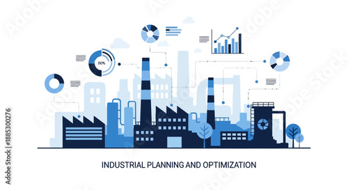 A blue-toned illustration of an industrial cityscape with various graphs and charts floating above, representing industrial planning and optimization.