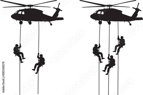 Military personnel rappelling from a helicopter during a tactical operation