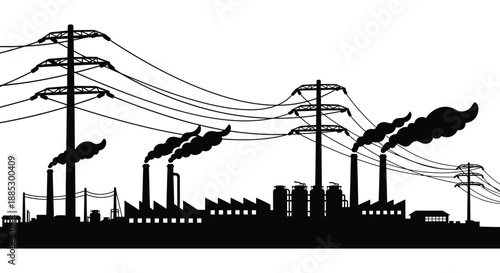 industrial landscape showing power lines factory smokestacks emitting pollution and a dark dramatic skyline silhouette high quality professional detailed modern elegant