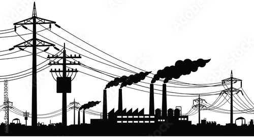 an industrial landscape featuring power lines smokestacks emitting pollution and a stark black silhouette high quality professional detailed modern elegant stylish