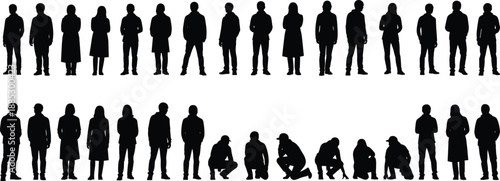 Silhouettes of people in standing and squatting poses, showcasing posture variation, gesture detail, and human figure design elements