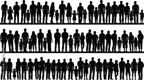 Silhouettes of diverse family and social groups standing together, showing unity, relationships, and demographic variation in black vector style