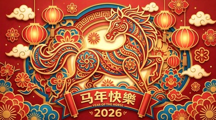 Celebration of Year of the Horse with colorful decorations and symbols representing the Lunar New Year in 2026 Generative AI