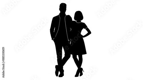 Couple Silhouette Standing Together Isolated White Background.