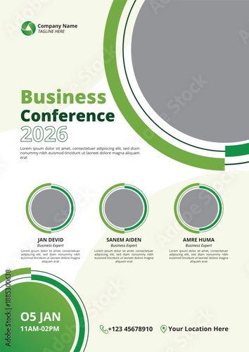 Green business conference flyer template with modern corporate layout professional speakers schedule and event information design