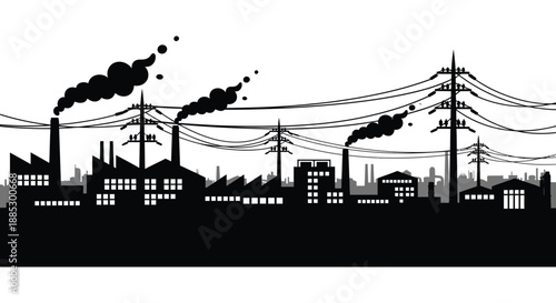a stark depiction of industrial pollution with factory smokestacks and city buildings against a bright background silhouette high quality professional detailed