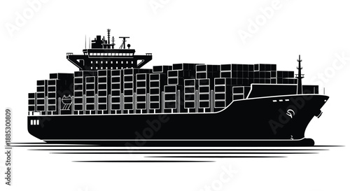 a detailed black and white representation of a large container ship sailing on water defined by its striking silhouette high quality