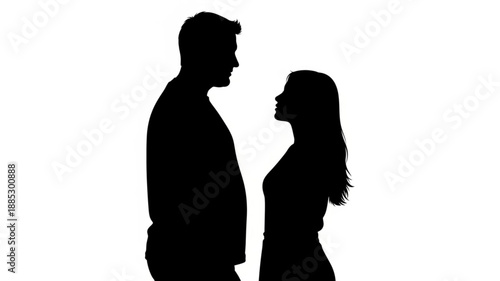 Silhouette couple facing each other white background.