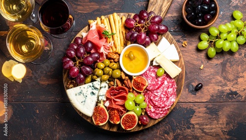 Elegant charcuterie board with assorted cheeses, cured meats, fresh grapes, olives, figs, nuts, and honey, served with wine on a rustic wooden table.