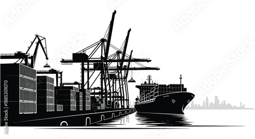 A striking black and white illustration depicts a busy harbor scene with cranes shipping containers and a vessel silhouette high quality