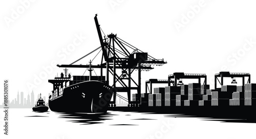 A striking monochrome depiction of a cargo ship docked alongside industrial cranes and stacked containers presented as a dramatic silhouette