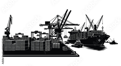 a detailed black and white depiction of a busy harbor with multiple cranes and a large cargo ship silhouette high quality