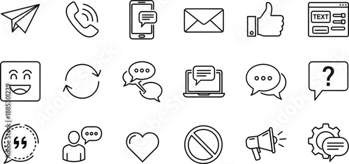 Communication and messaging icon set with chat, email, phone, feedback and social interaction symbols in outline vector style