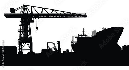 A striking black and white depiction of a harbor scene including a large ship crane and machinery in silhouette high quality