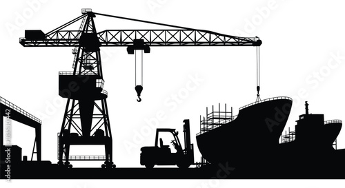 A stark depiction of industrial machinery and a large vessel against a white backdrop creating a dramatic silhouette high quality professional