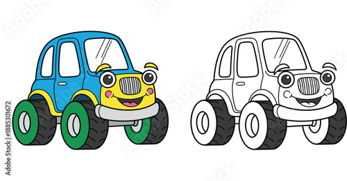 Cartoon monster truck coloring book page. Vector illustration of a happy off-road vehicle with face. Colored and black and white outline version for kids activity.