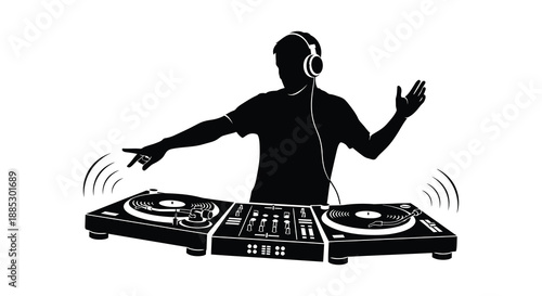 A striking black and white depiction of a dj mixing music with turntables and headphones presented as a silhouette high quality