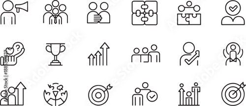 A collection of black line art icons represents business concepts including teamwork, goal setting, achievement, and organizational structure development.