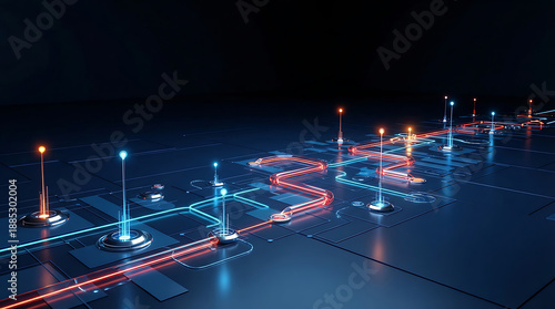 Futuristic abstract technology background with glowing blue and orange neon lines connecting nodes on dark circuit board surface illustrating digital data transfer and network connectivity